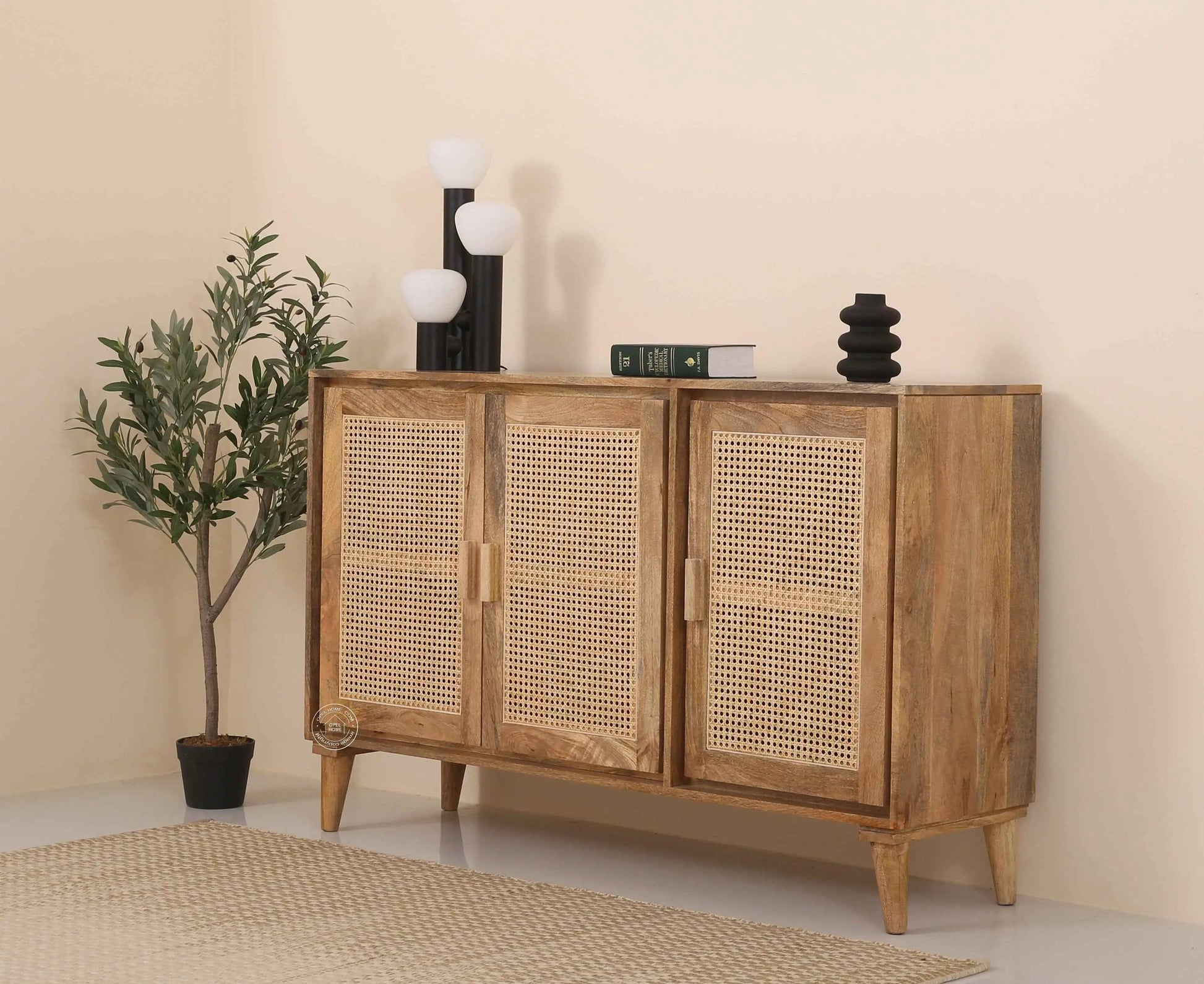 Carol Rattan Sideboard – 3 Doors, Solid Mango Wood, Natural Finish | Opelhome UAE