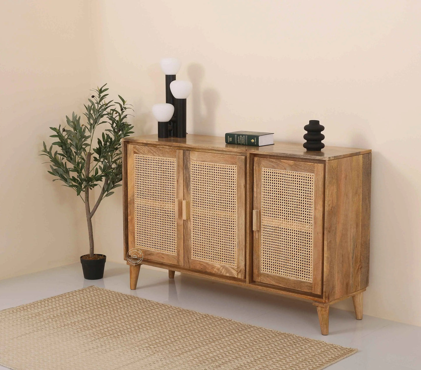 Carol Rattan Sideboard – 3 Doors, Solid Mango Wood, Natural Finish | Opelhome UAE