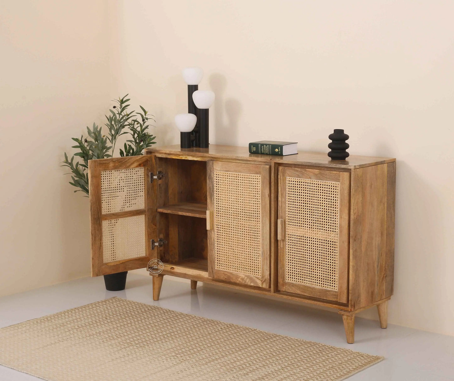 Carol Rattan Sideboard – 3 Doors, Solid Mango Wood, Natural Finish | Opelhome UAE
