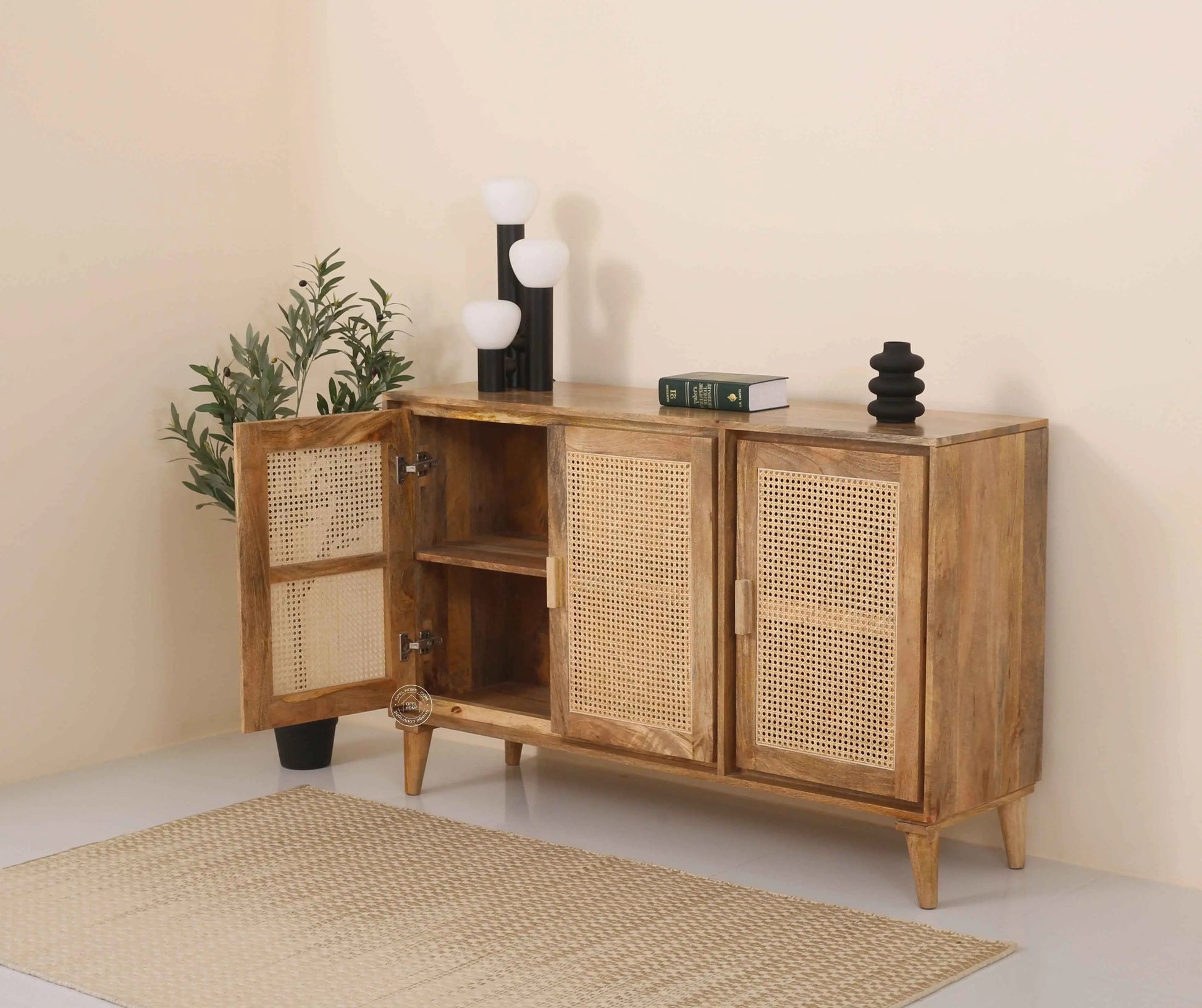 Carol Rattan Sideboard – 3 Doors, Solid Mango Wood, Natural Finish | Opelhome UAE