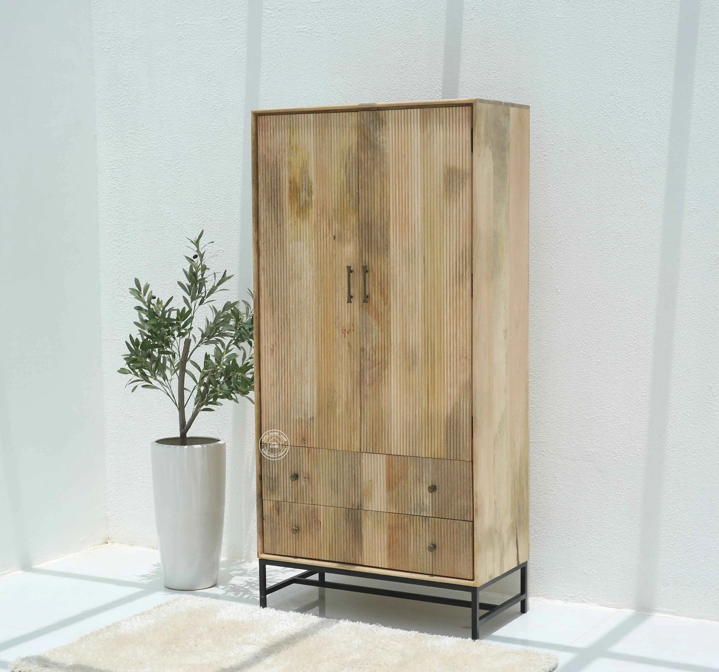 Cashion Wood Slat Closet – Solid Mango Wood, Natural Finish, Wardrobe | Opelhome UAE