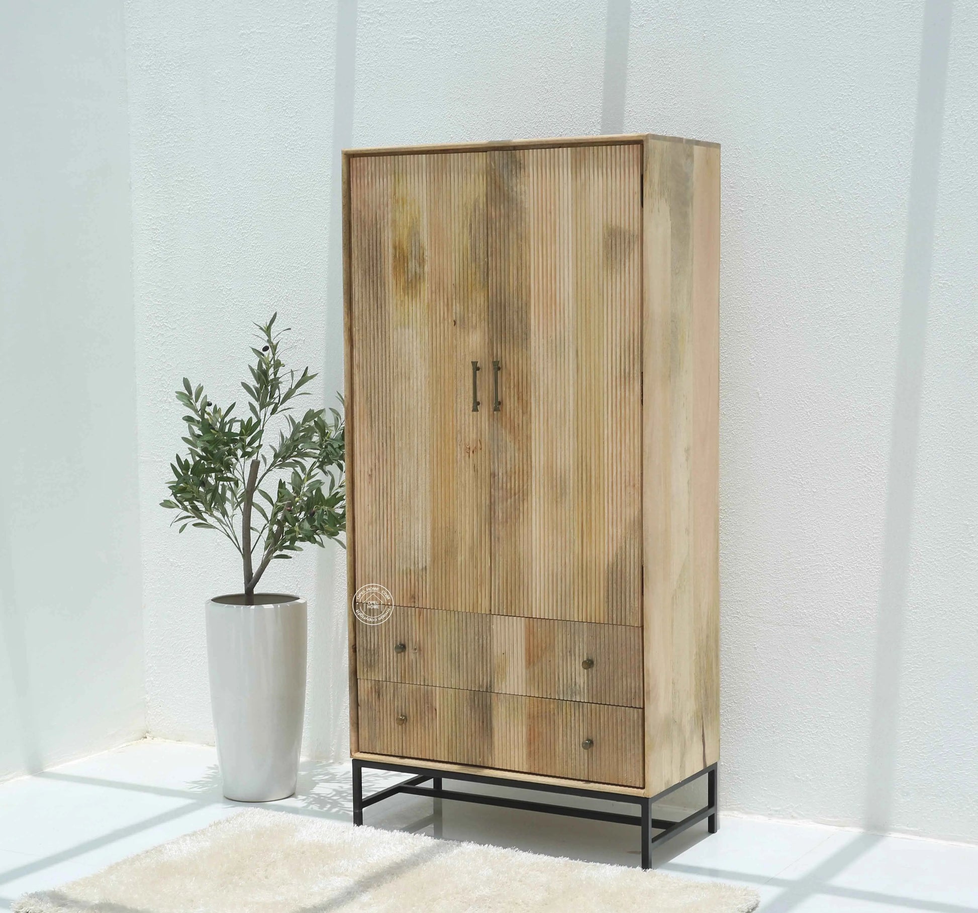 Cashion Wood Slat Closet – Solid Mango Wood, Natural Finish, Wardrobe | Opelhome UAE