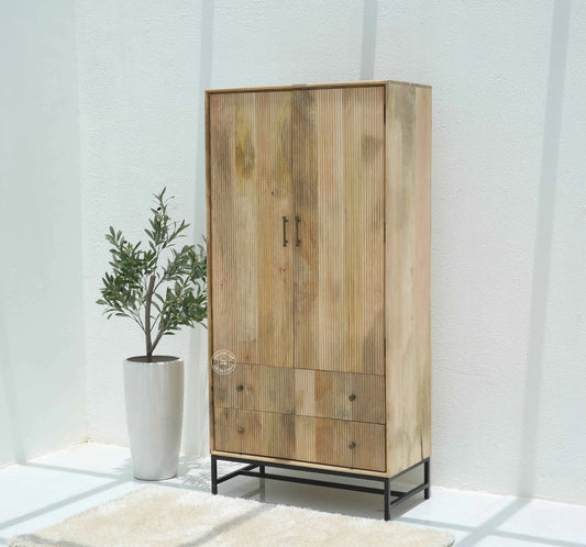 Cashion Wood Slat Closet – Solid Mango Wood, Natural Finish, Wardrobe | Opelhome UAE