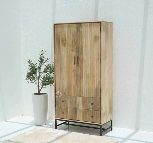 Cashion Wood Slat Closet – Solid Mango Wood, Natural Finish, Wardrobe | Opelhome UAE
