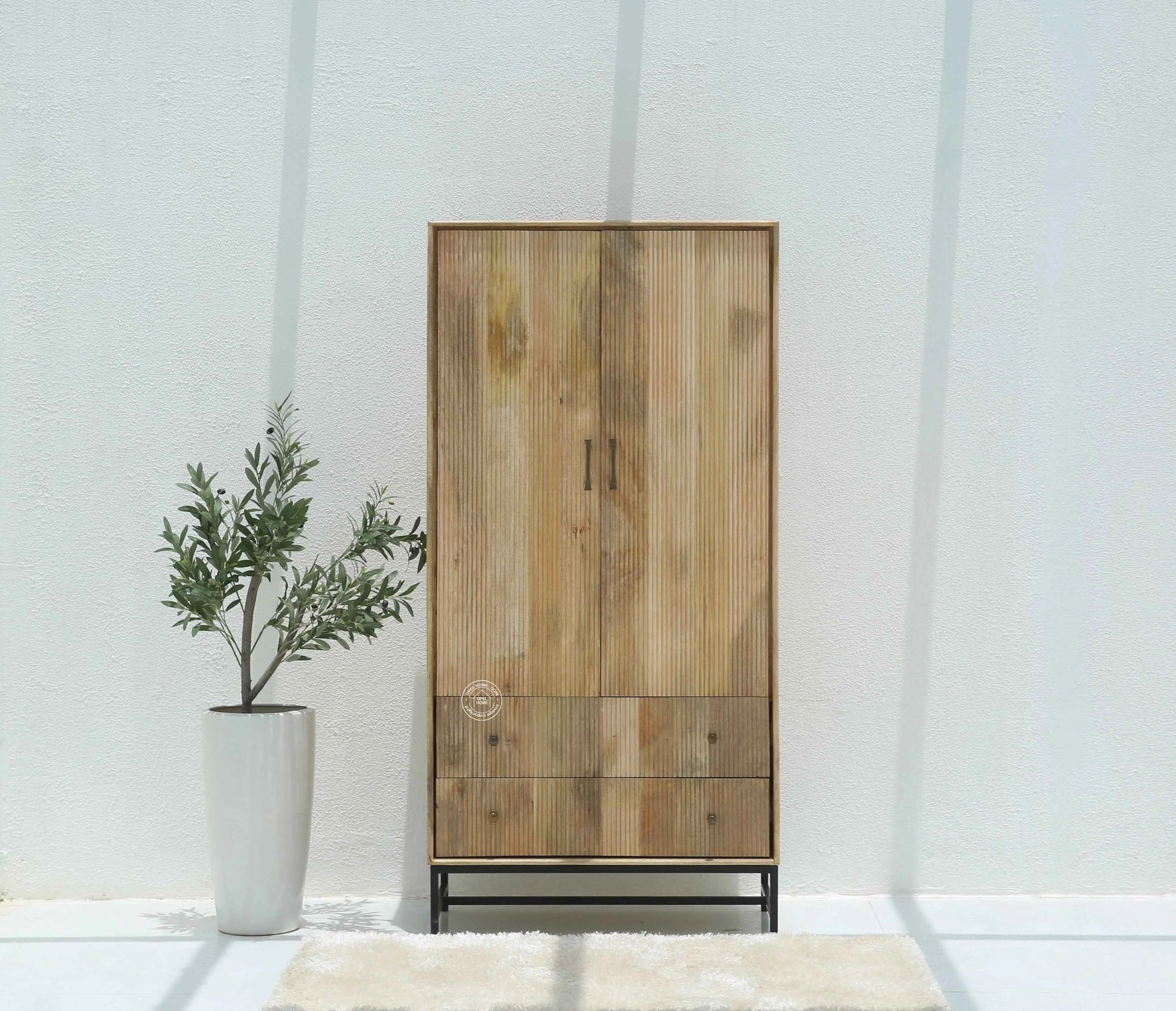 Cashion Wood Slat Closet – Solid Mango Wood, Natural Finish, Wardrobe | Opelhome UAE