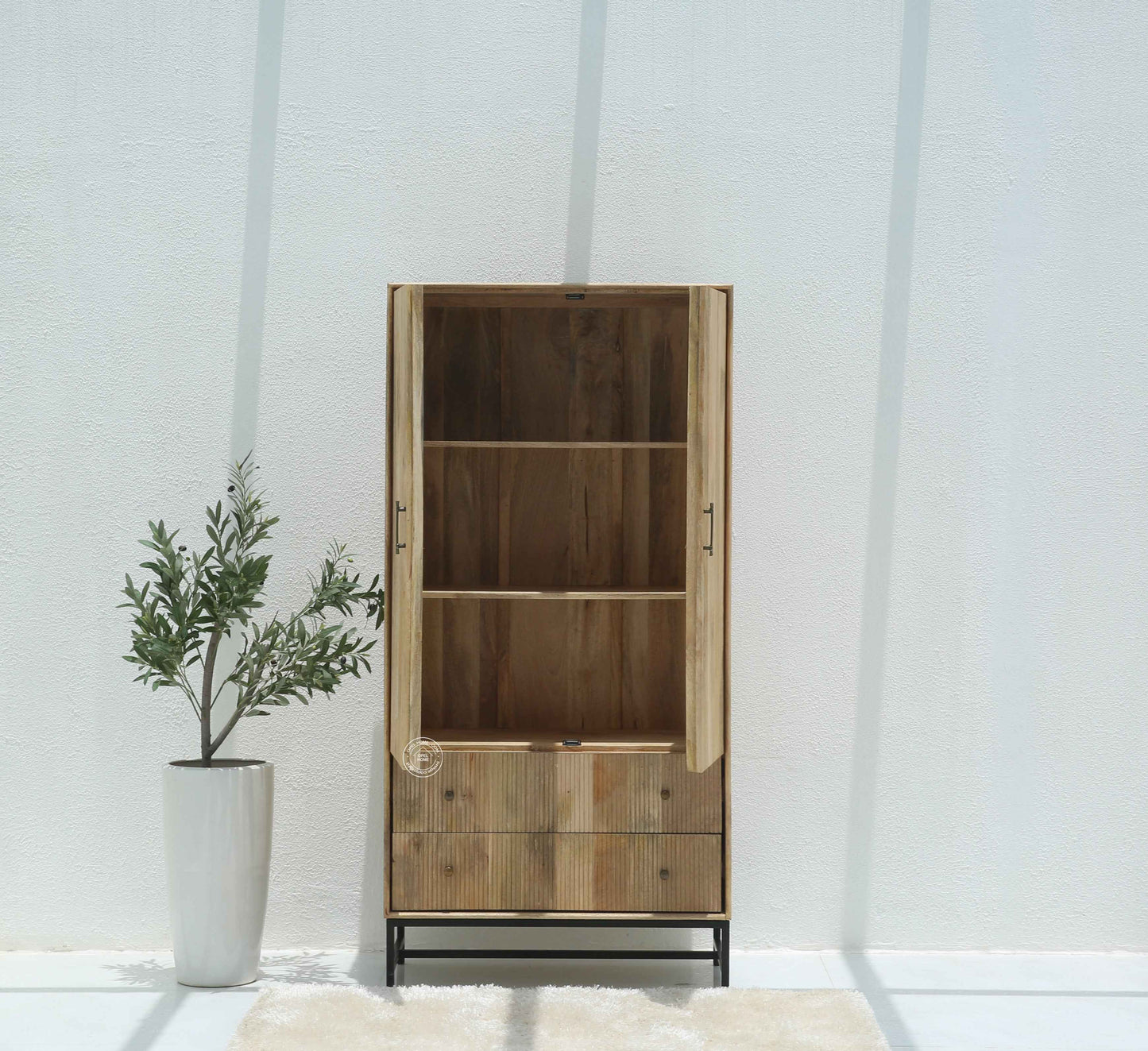 Cashion Wood Slat Closet – Solid Mango Wood, Natural Finish, Wardrobe | Opelhome UAE