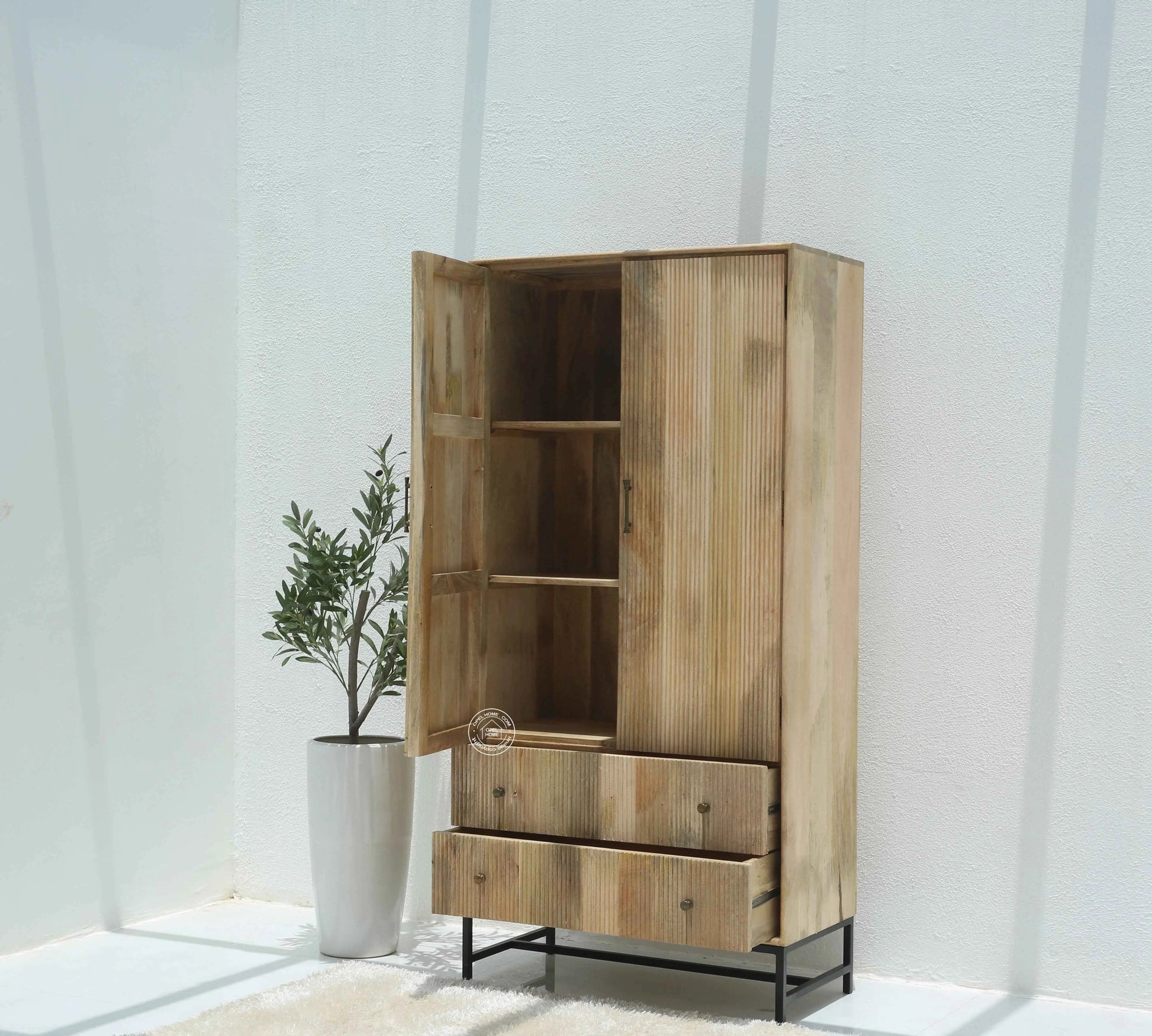 Cashion Wood Slat Closet – Solid Mango Wood, Natural Finish, Wardrobe | Opelhome UAE
