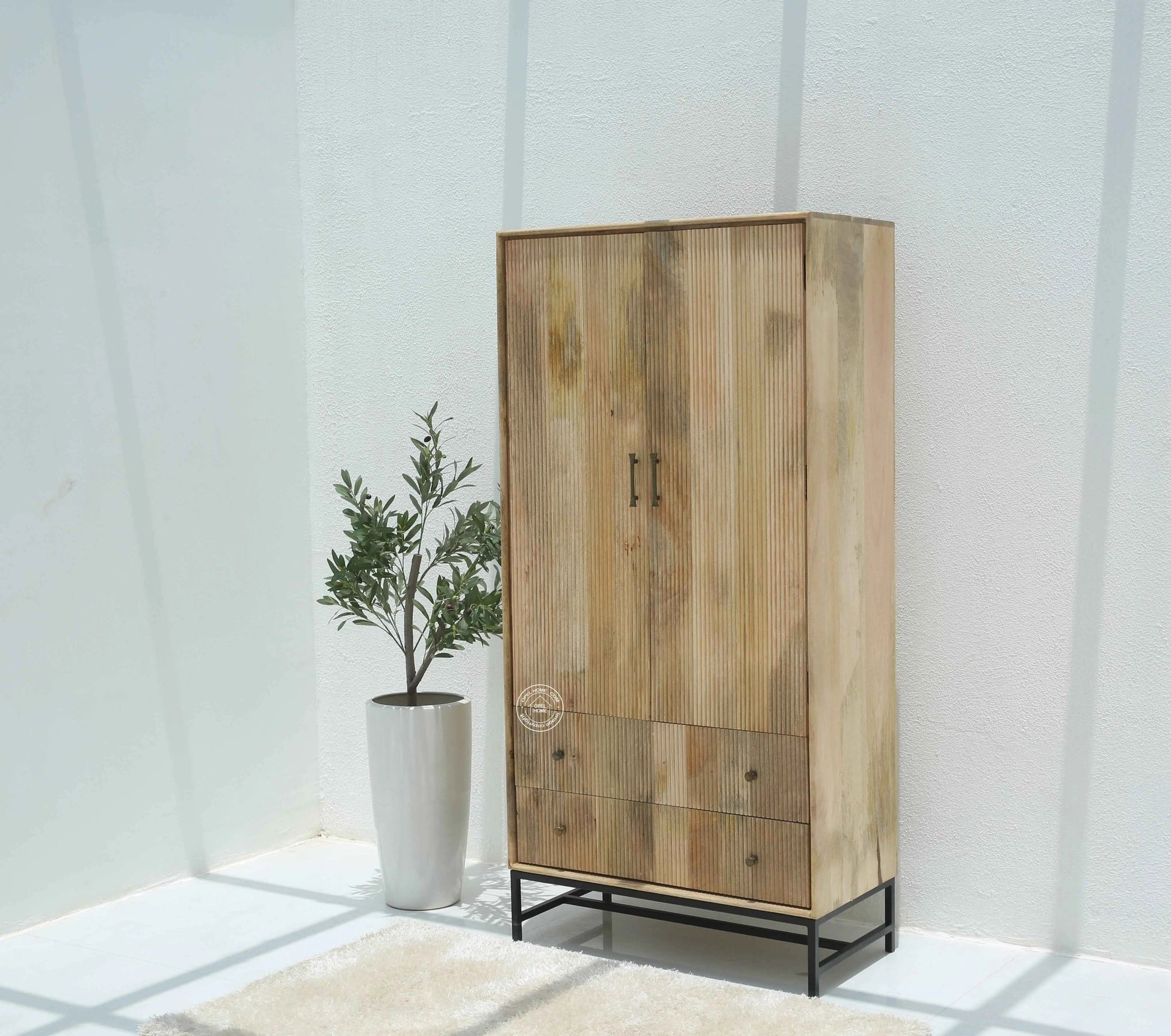 Cashion Wood Slat Closet – Solid Mango Wood, Natural Finish, Wardrobe | Opelhome UAE
