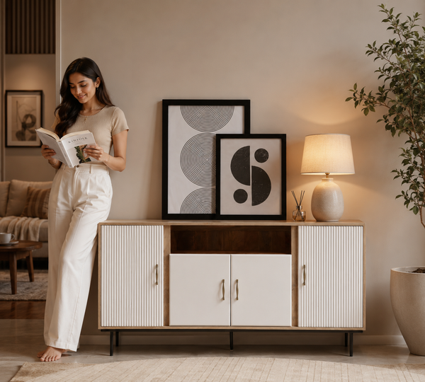 Tetteh Wooden Sideboard – 4 Doors, Solid Mango Wood, Natural + White Finish | Opelhome UAE