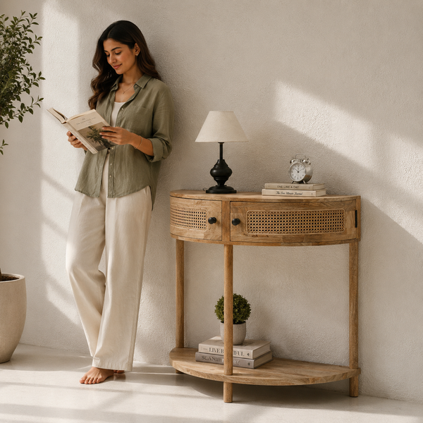 Lovett Rattan Console Table – 2 Doors, Solid Mango Wood, Natural Finish | Opelhome UAE