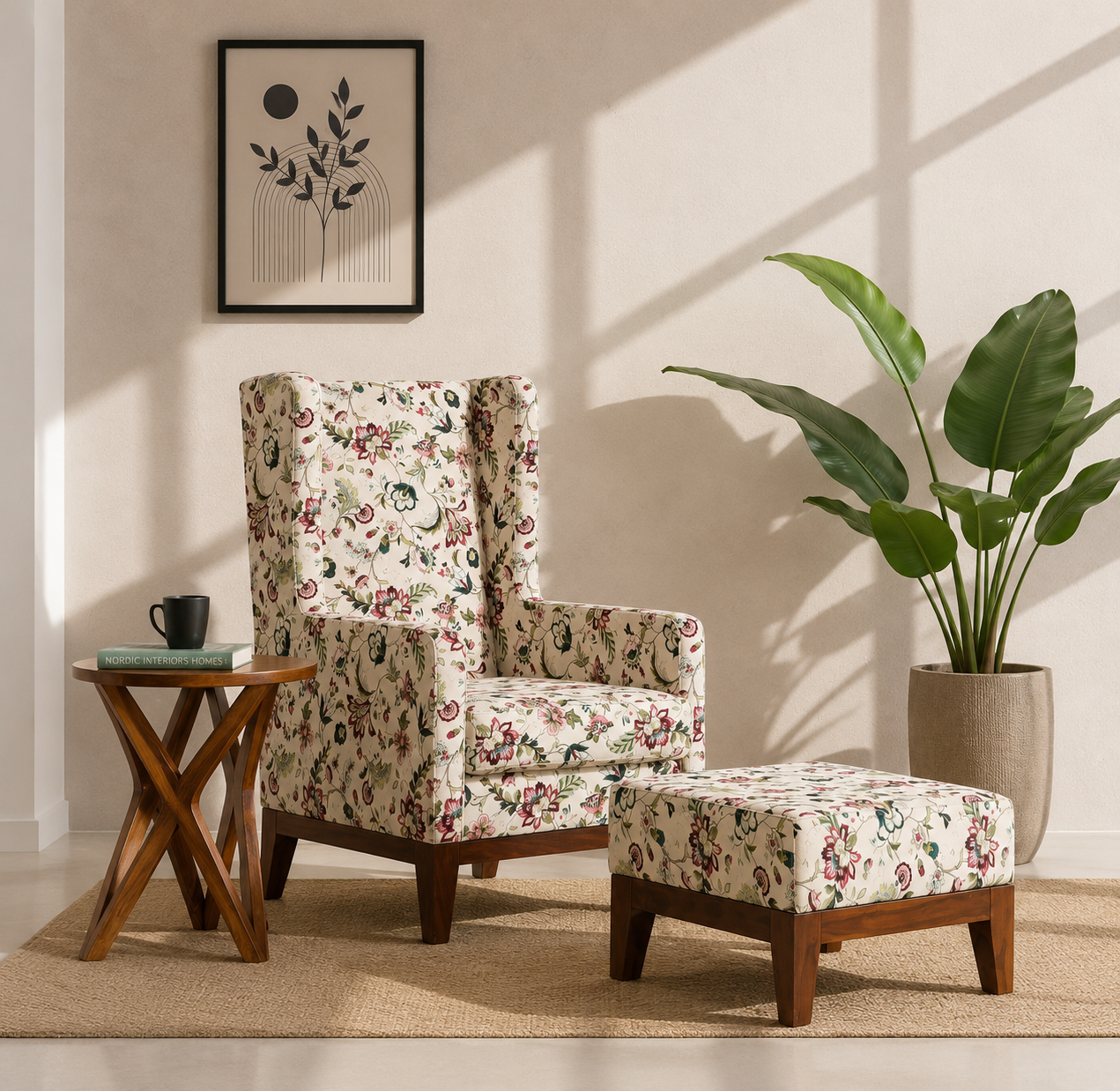 Axton Lounge Chair with Stool – Solid Rosewood & Cotton Upholstery | Opelhome UAE