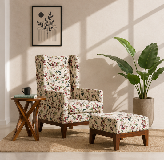 Axton Lounge Chair with Stool – Solid Rosewood & Cotton Upholstery | Opelhome UAE