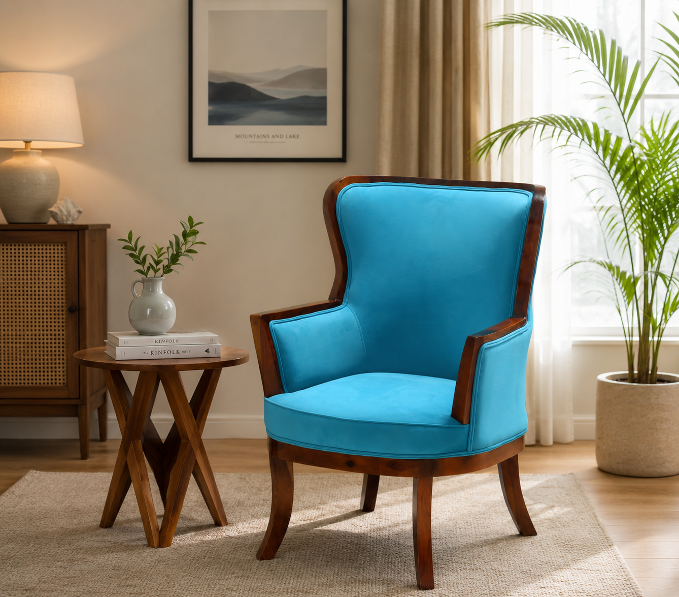 Madison Lounge Chair – Velvet Upholstery with Solid Rosewood Frame, Teak Finish | Opelhome UAE