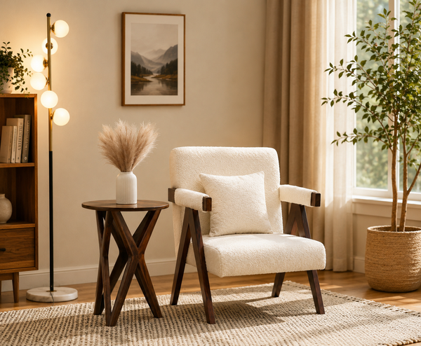 Antony Arm Chair – White Boucle Fabric, Solid Rosewood Frame, Teak Finish | Opelhome UAE