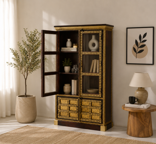 Tannis Brass Display Cabinet – 4 Doors, Carved FTD Design, Solid Acacia Wood & Brass | Opelhome UAE