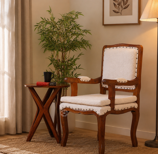 Mira Wooden Arm Chair – Solid Rosewood, Honey Finish, Bronze & White Boucle | Opelhome UAE