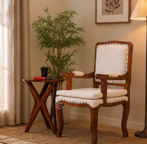Mira Wooden Arm Chair – Solid Rosewood, Honey Finish, Bronze & White Boucle | Opelhome UAE