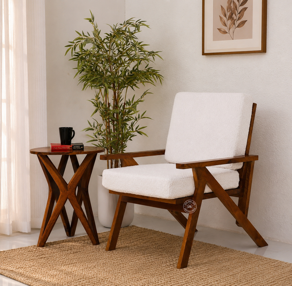 Roseline Wooden Arm Chair – Solid Mango wood, Honey Finish, Bronze & White Boucle | Opelhome UAE