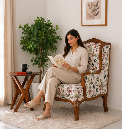 Modura Wooden Lounge Chair – Solid Rosewood, Honey Finish, Boucle Fabric | Opelhome UAE