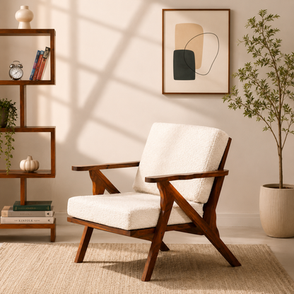 Forma Wooden Arm Chair – Solid Rosewood, Honey Finish, Boucle Fabric | Opelhome UAE