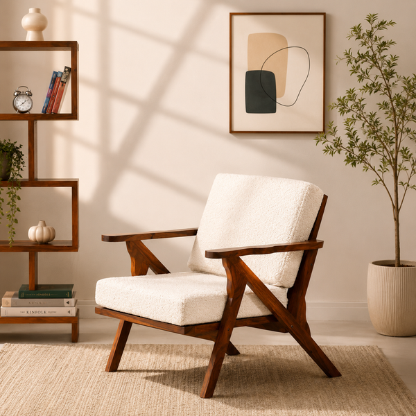 Forma Wooden Arm Chair – Solid Rosewood, Honey Finish, Boucle Fabric | Opelhome UAE