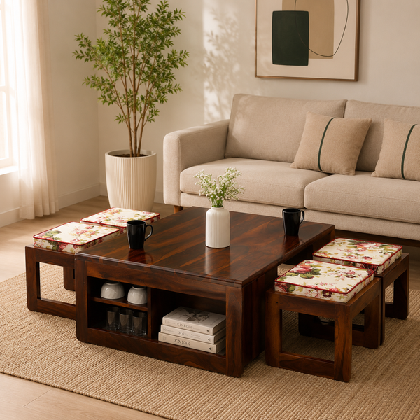 Terra Wooden Coffee Table Set – 4 Stools, Solid Rosewood, Honey Finish | Opelhome UAE
