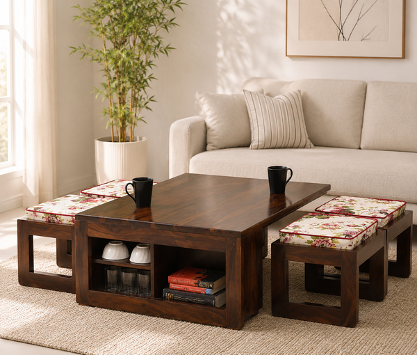 Terra Wooden Coffee Table Set – 4 Stools, Solid Rosewood, Walnut Finish | Opelhome UAE