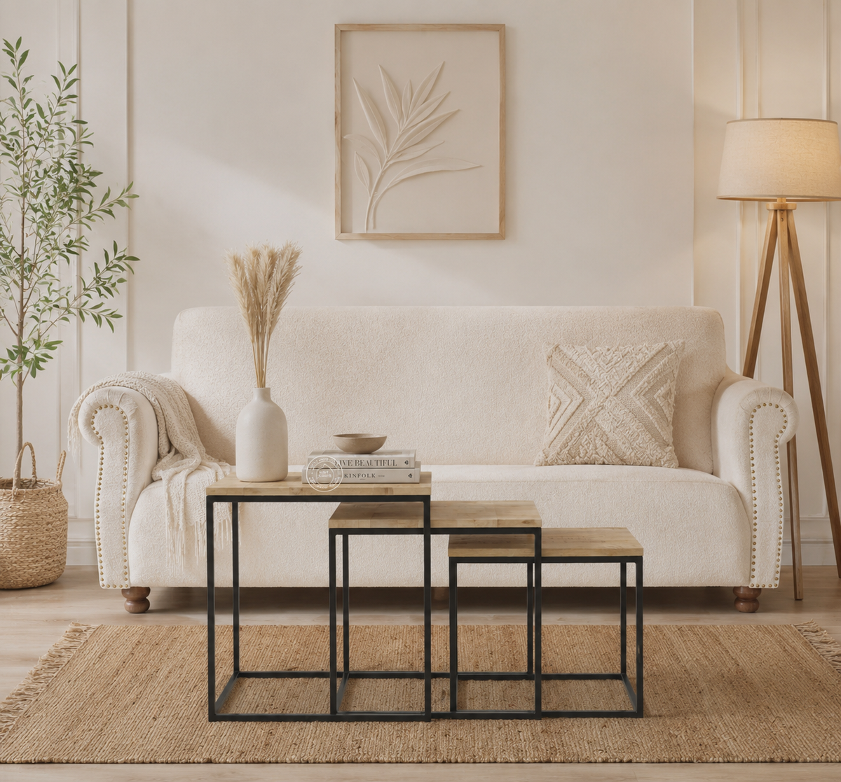 Allycia Nesting Coffee Table Set – 3 Pieces, Solid Mango Wood & Iron, Natural Finish | Opelhome UAE