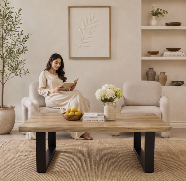 Webster Coffee Table – Solid Mango Wood Top, Black Metal Base, Natural Finish | Opelhome UAE
