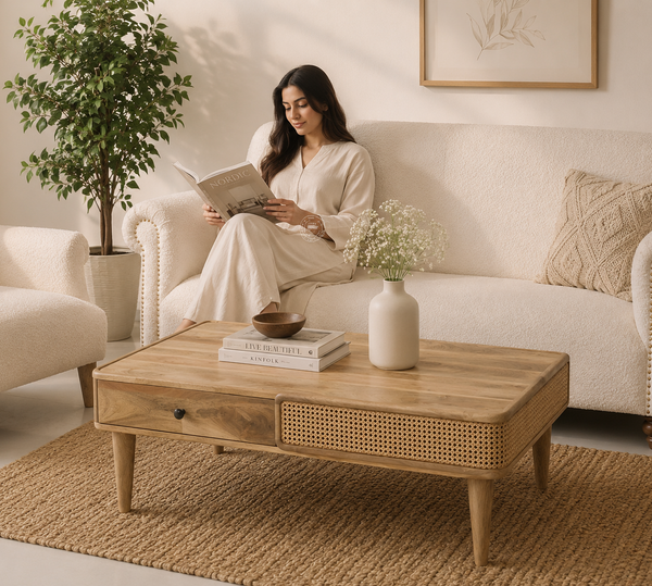Nicolee Rattan Coffee Table – 2 Drawers, Solid Mango Wood, Natural Finish | Opelhome UAE