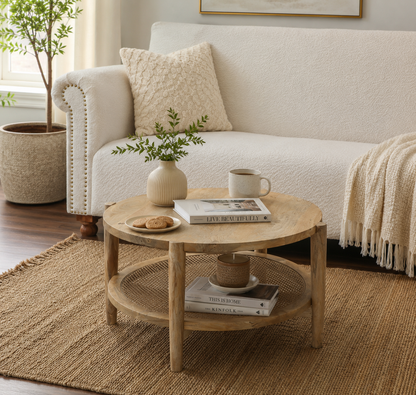 Torron Rattan Round Coffee Table – Solid Mango Wood, Natural Finish | Opelhome UAE