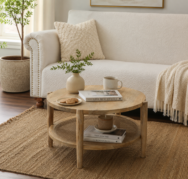 Torron Rattan Round Coffee Table – Solid Mango Wood, Natural Finish | Opelhome UAE