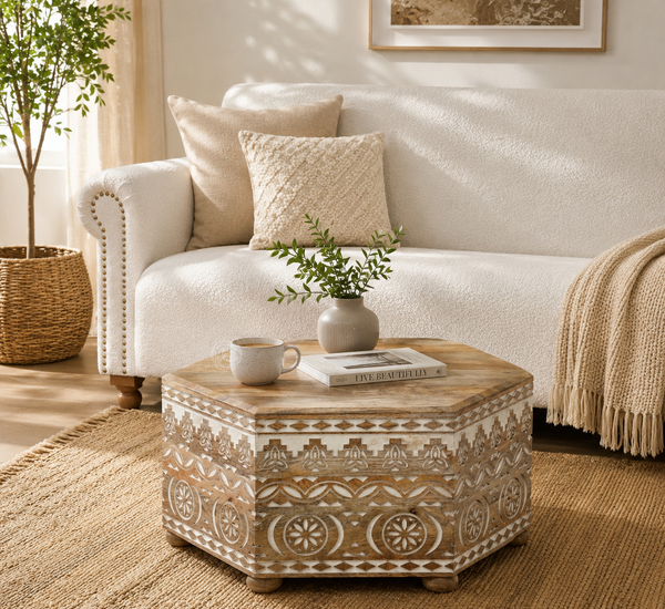 Nordik Wooden Carved Coffee Table – Solid Mango Wood, Natural Finish, Round/Square | Opelhome UAE