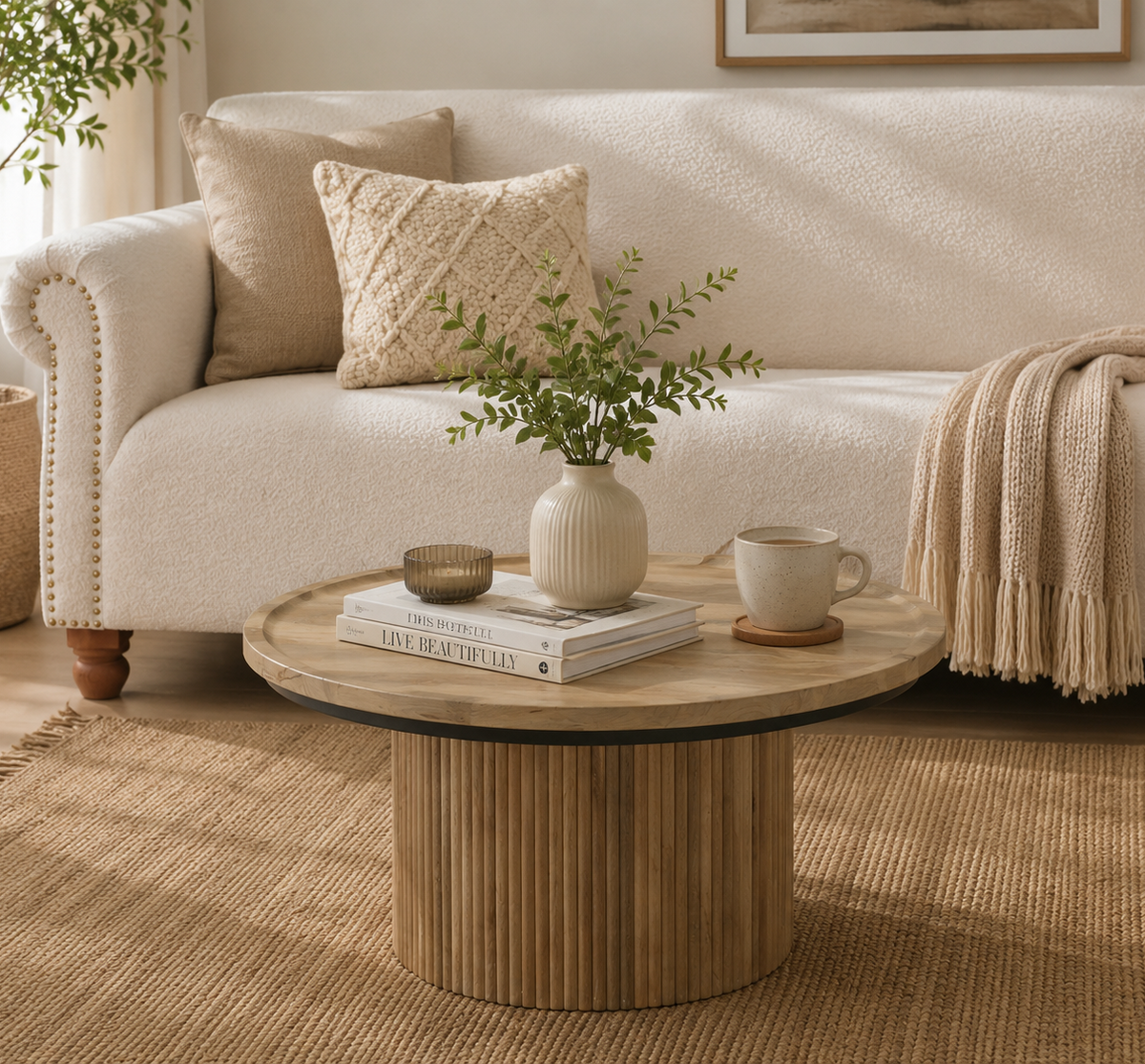 Glennis Wood Round Coffee Table – Solid Mango Wood, Natural Finish | Opelhome UAE