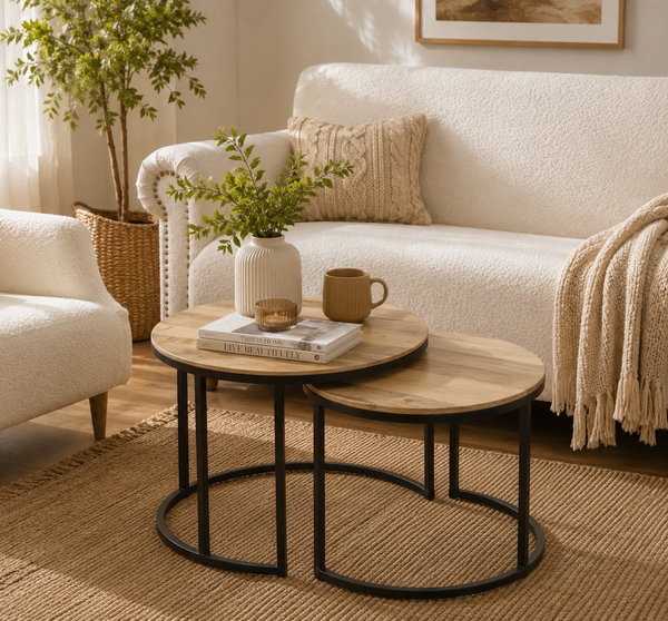 Jacob Nesting Coffee Table Set – 2 Pieces, Solid Mango Wood & Iron, Natural Finish | Opelhome UAE