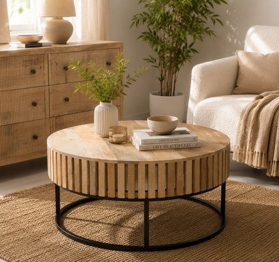 Rolling Wood Round Coffee Table with Black Metal Base – Solid Mango Wood, Natural Finish