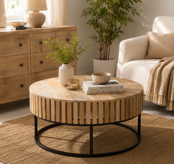 Rolling Wood Round Coffee Table with Black Metal Base – Solid Mango Wood, Natural Finish | Opelhome UAE