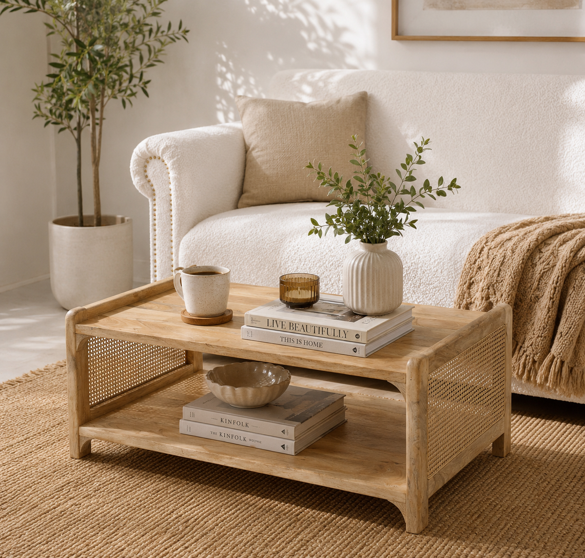Swenson Rattan Wood Coffee Table – Solid Mango Wood, Natural Finish | Opelhome UAE