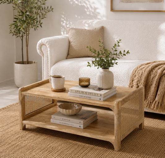 Swenson Rattan Wood Coffee Table – Solid Mango Wood, Natural Finish | Opelhome UAE