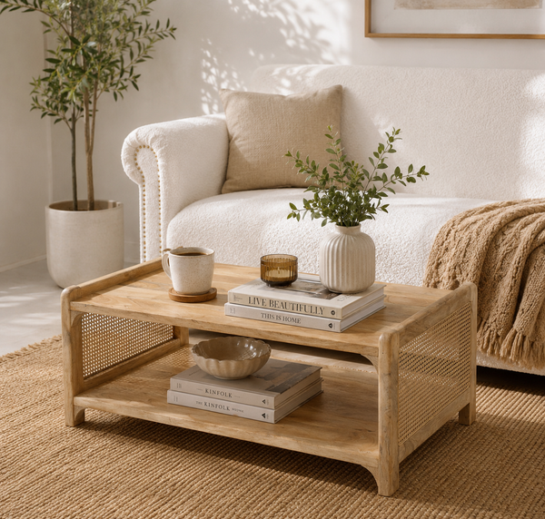 Swenson Rattan Wood Coffee Table – Solid Mango Wood, Natural Finish | Opelhome UAE