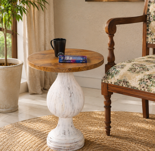 Bexton Solid Mango Wood Side Table 50cm – White Finish | Opelhome UAE