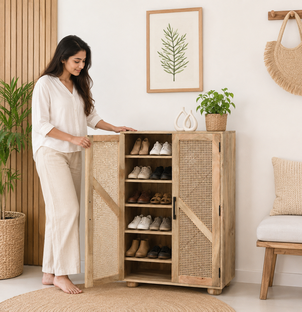 Elmora Rattan Shoe Rack – Solid Mango Wood, Natural Finish | Opelhome UAE