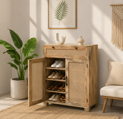 Solra Rattan Shoe Rack – Solid Wood, Natural Finish, Hallway Storage | Opelhome UAE
