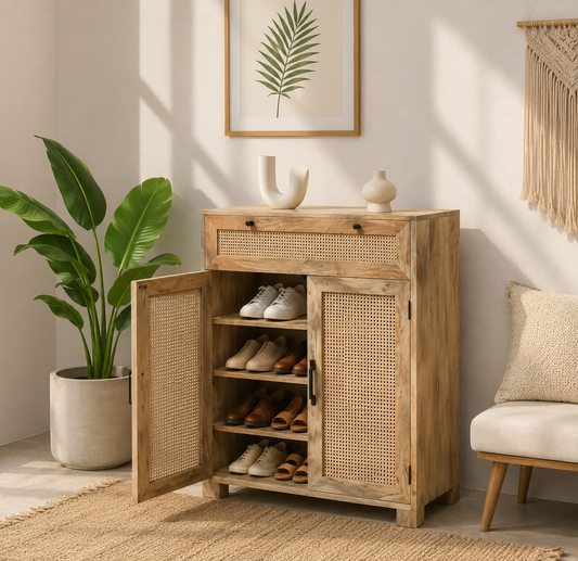 Solra Rattan Shoe Rack – Solid Wood, Natural Finish, Hallway Storage | Opelhome UAE