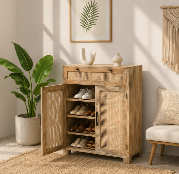 Solra Rattan Shoe Rack – Solid Wood, Natural Finish, Hallway Storage | Opelhome UAE