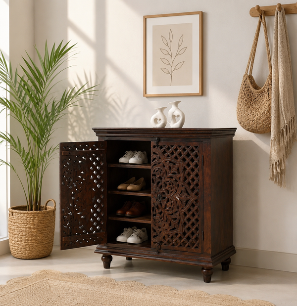 Crevan Wooden Carved Shoe Rack – 2 Doors, Solid Mango Wood, Walnut Finish | Opelhome UAE