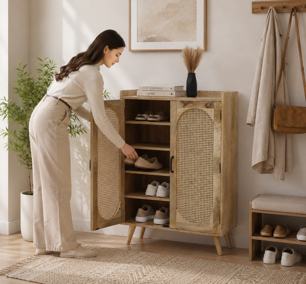 Granora Rattan Shoe Rack – Solid Mango Wood, Natural Finish, Storage Cabinet | Opelhome UAE