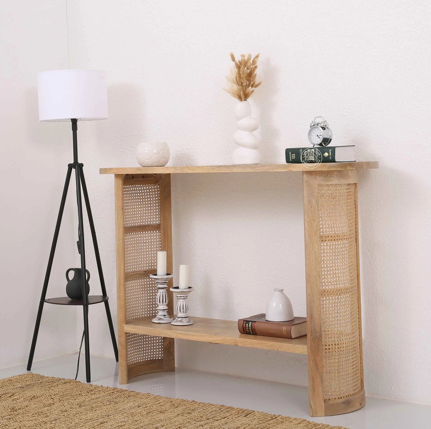 Cherry Rattan Console Table – Solid Mango Wood, Natural Finish, Hallway | Opelhome UAE