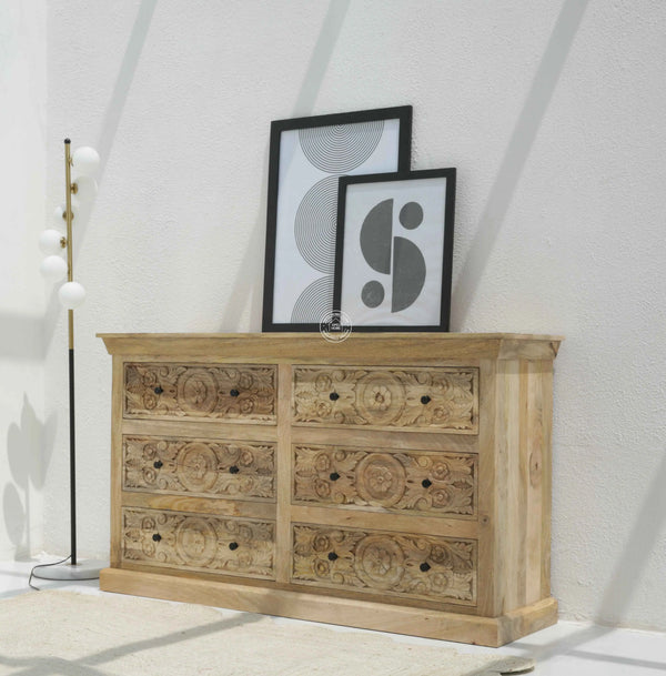 Clarita Wooden Carved Chest of Drawers – Solid Mango Wood, Natural Finish | Opelhome UAE