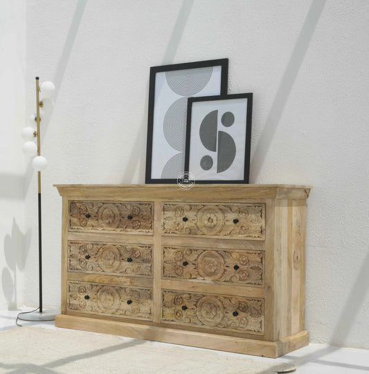 Clarita Wooden Carved Chest of Drawers – Solid Mango Wood, Natural Finish | Opelhome UAE